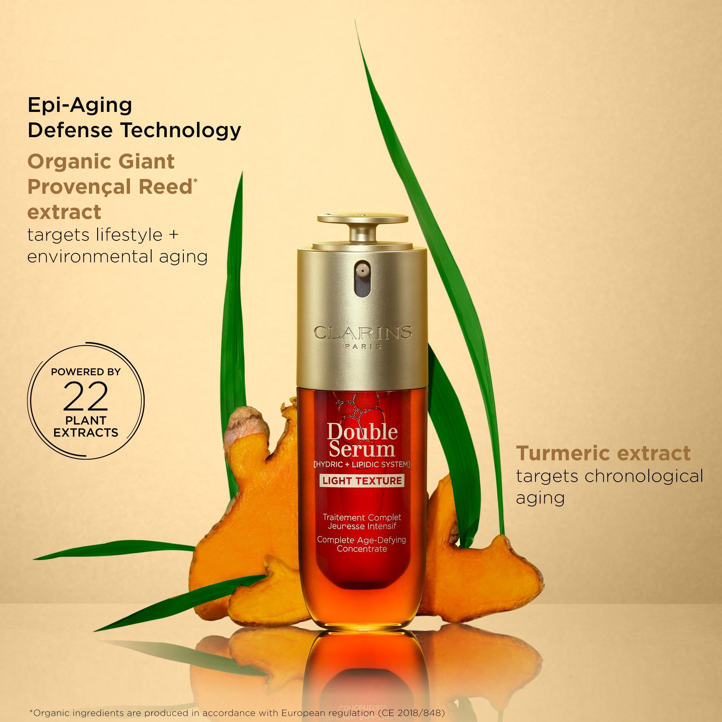 Clarins Double Serum Light Texture face-application demonstrates gentle downward strokes