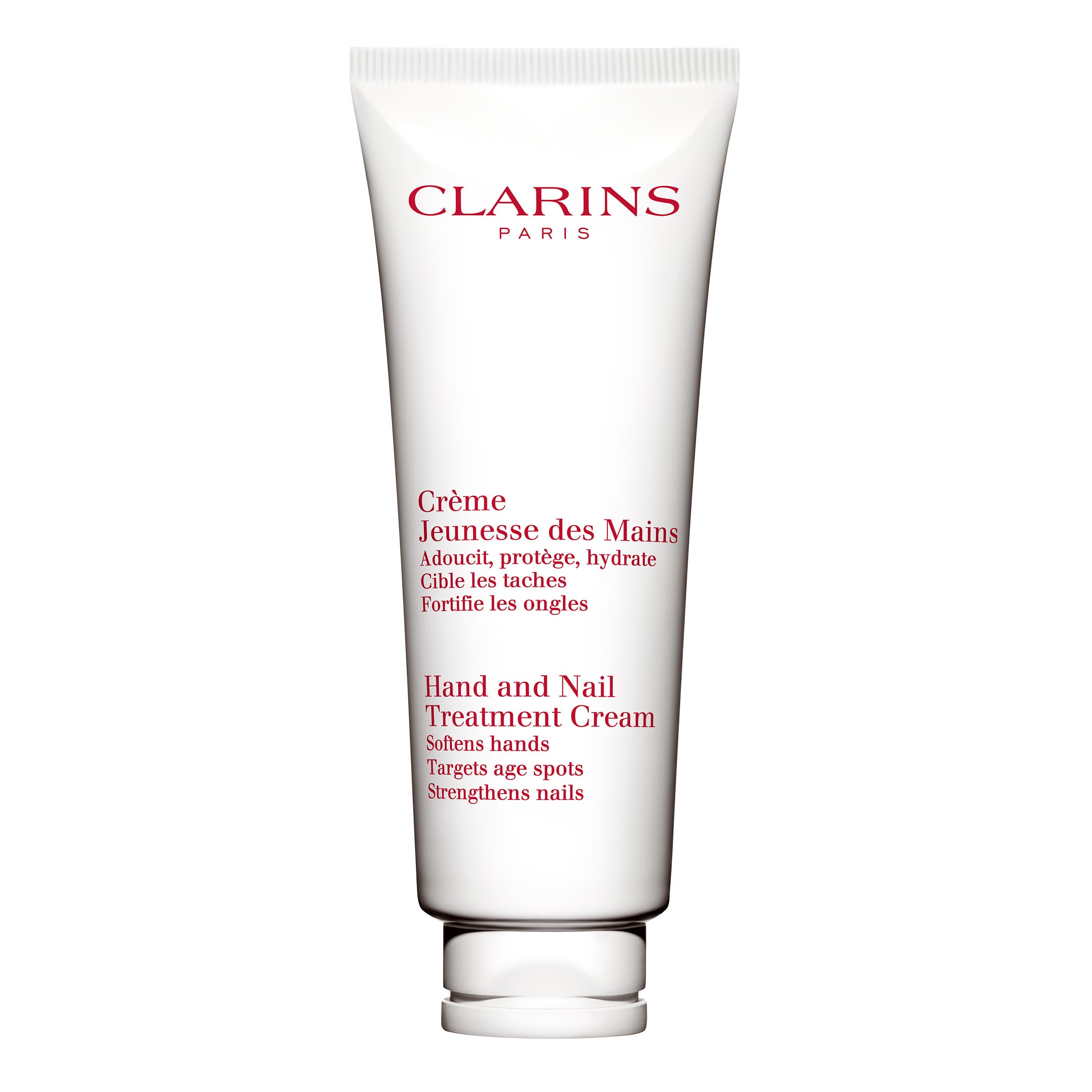 Clarins Hand and Nail Treatment Cream closeup of the tube showing a silky, hydrating formula.