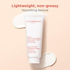 Clarins Hand and Nail Treatment Cream showcasing sesame oil for hydration.