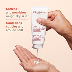 Clarins Hand and Nail Treatment Cream texture swatch highlighting a lightweight feel.