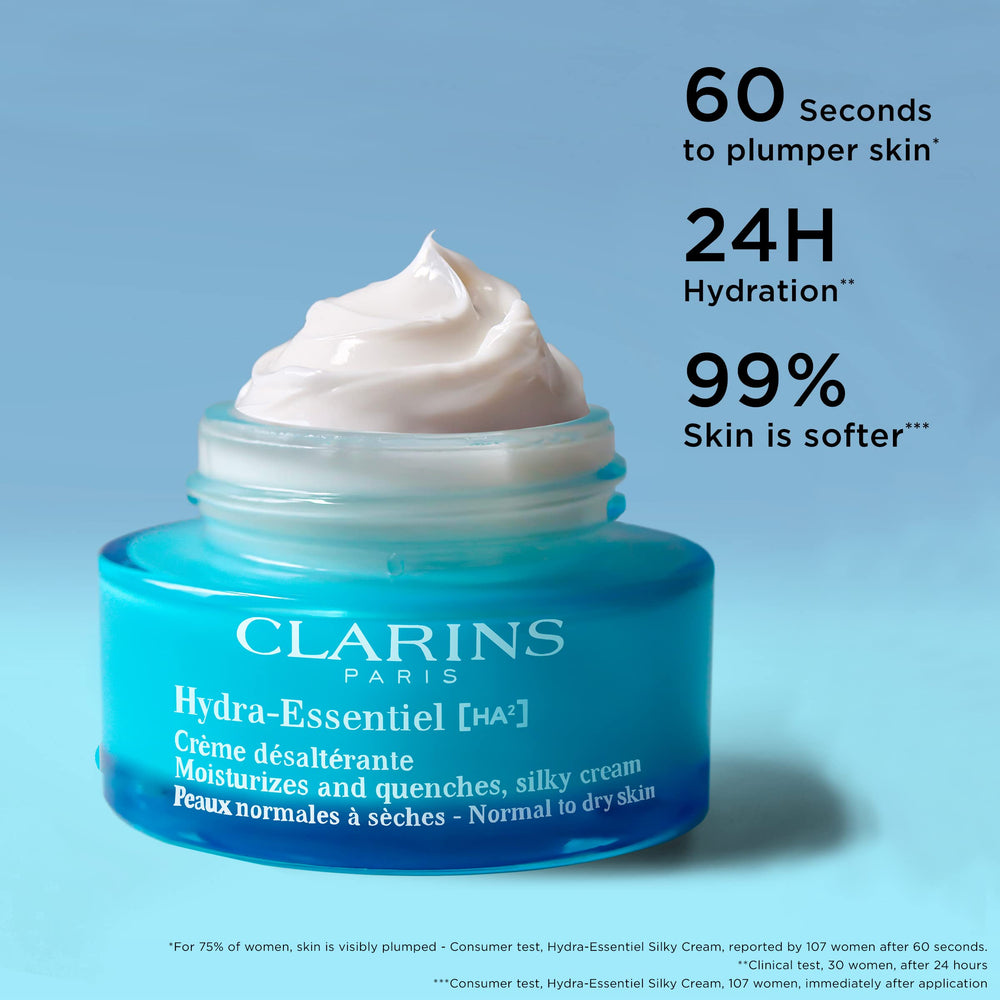 Clarins Hydra-Essentiel Silky Cream texture closeup shows creamy, quickly absorbing formula.