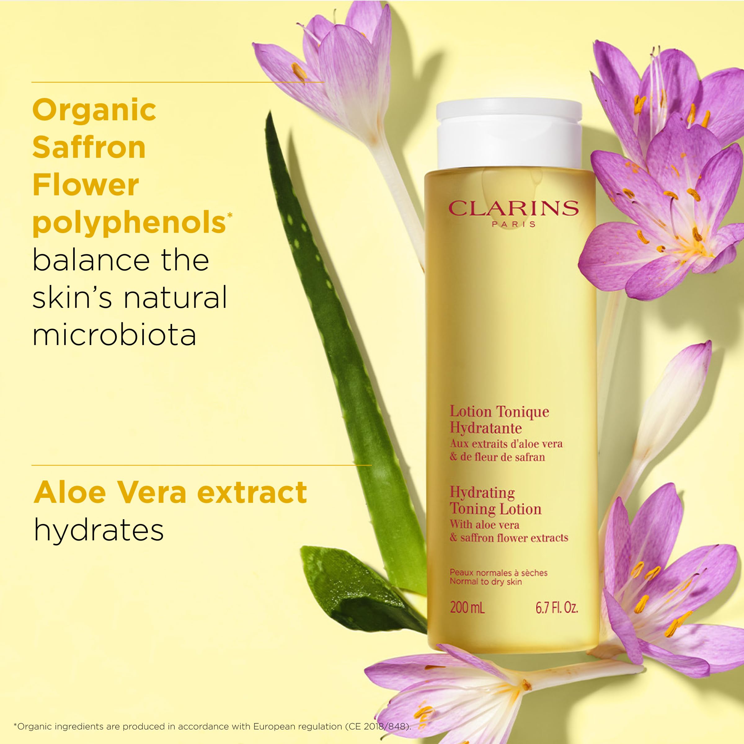 Clarins Hydrating Toning Lotion cotton-pad application shows soothing balance after cleansing.