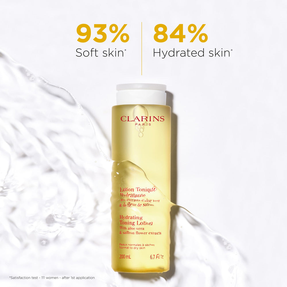 Clarins Hydrating Toning Lotion pump bottle highlighting alcohol-free formula for daily use.
