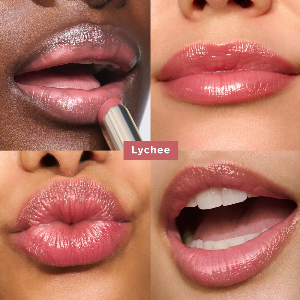 Clarins Lip Oil Balm Lychee applying on lips demonstrates instant smoothness and shine.