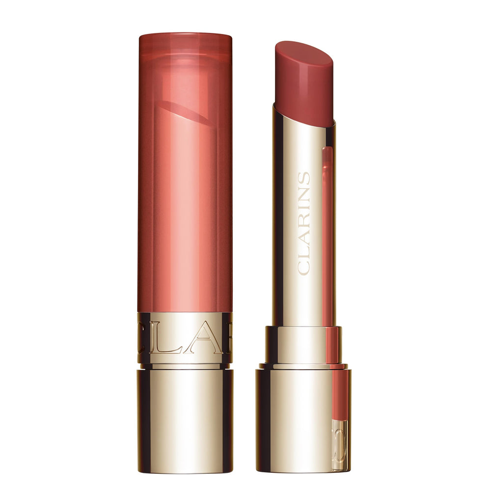 Clarins Lip Oil Balm Lychee tube close-up shows a glossy, hydrating finish for lips.