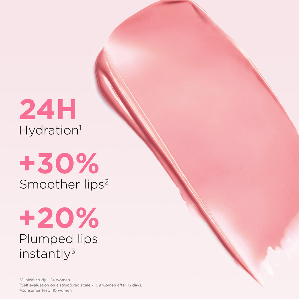 Clarins Lip Oil Balm application close-up highlights smooth, moisturizing texture.