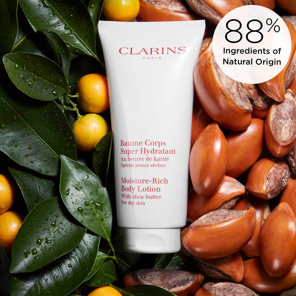 Clarins Moisture-Rich Body Lotion with tamarind acids enhances gentle exfoliation for dry skin