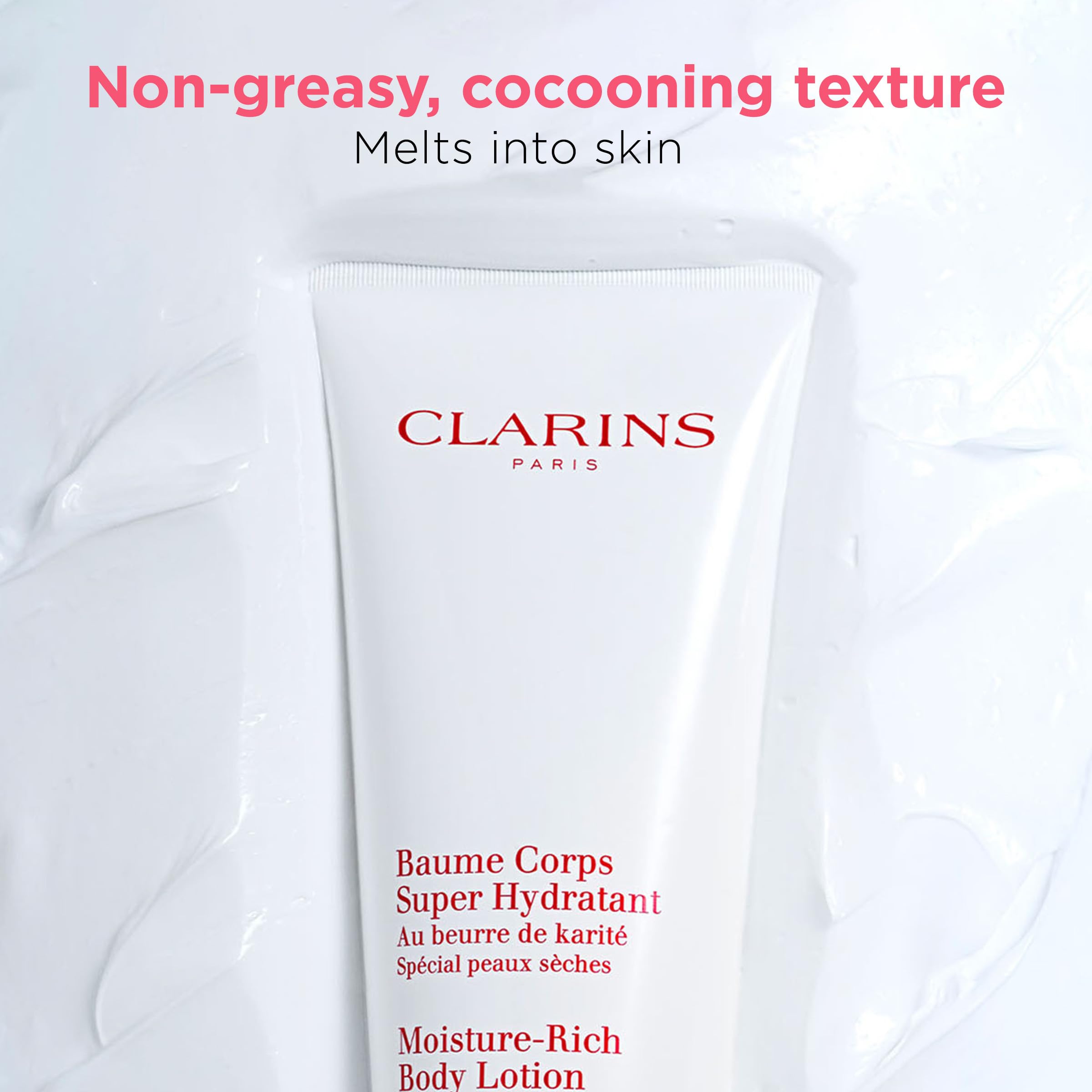 Clarins Moisture-Rich Body Lotion pump bottle illustrating long-lasting moisture on rough areas