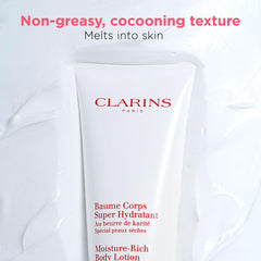 Clarins Moisture-Rich Body Lotion pump bottle illustrating long-lasting moisture on rough areas