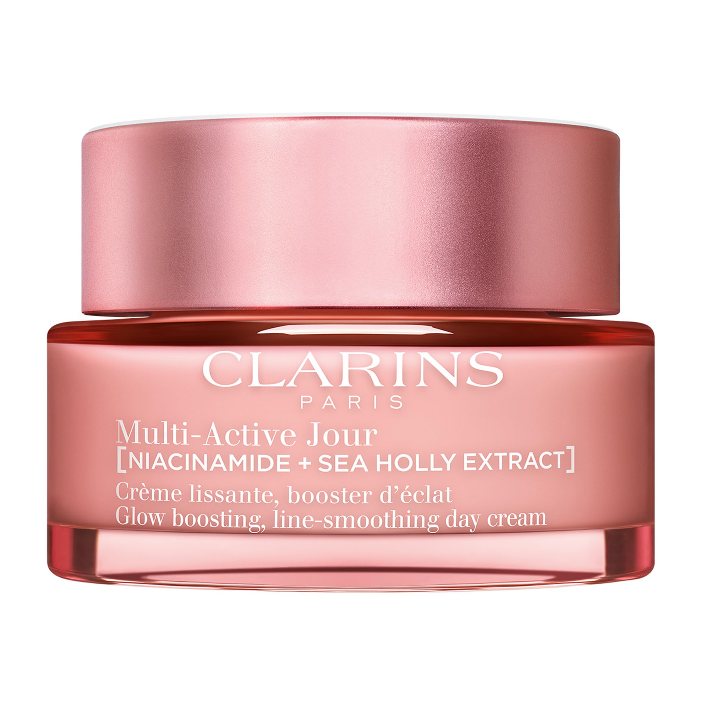 Clarins Multi-Active Día, bote de crema, ofrece hidratación duradera para la piel.