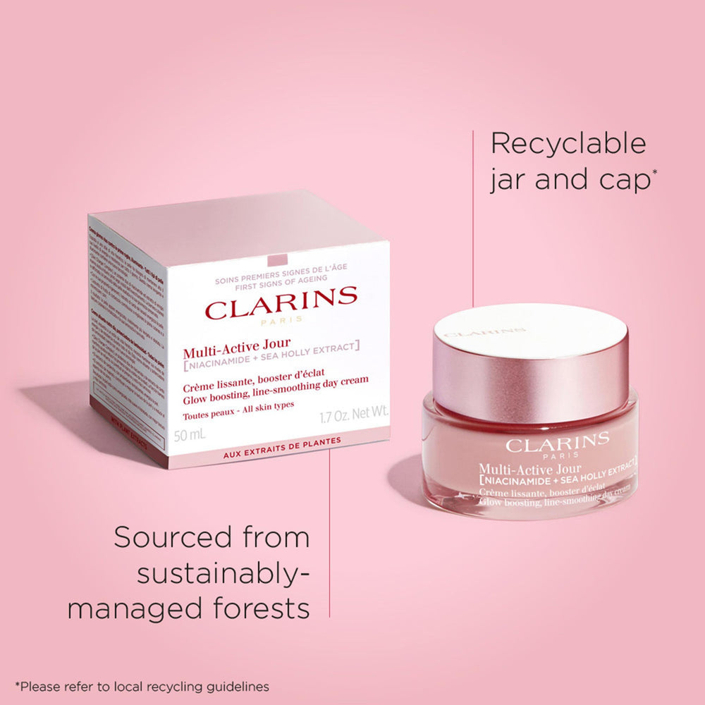 Clarins Multi-Active Día, brillo saludable y aspecto luminoso de la piel.