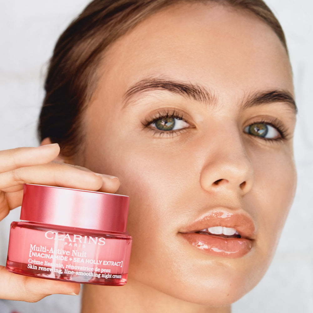 Face on skin with Clarins Multi-Active Night Moisturizer applied