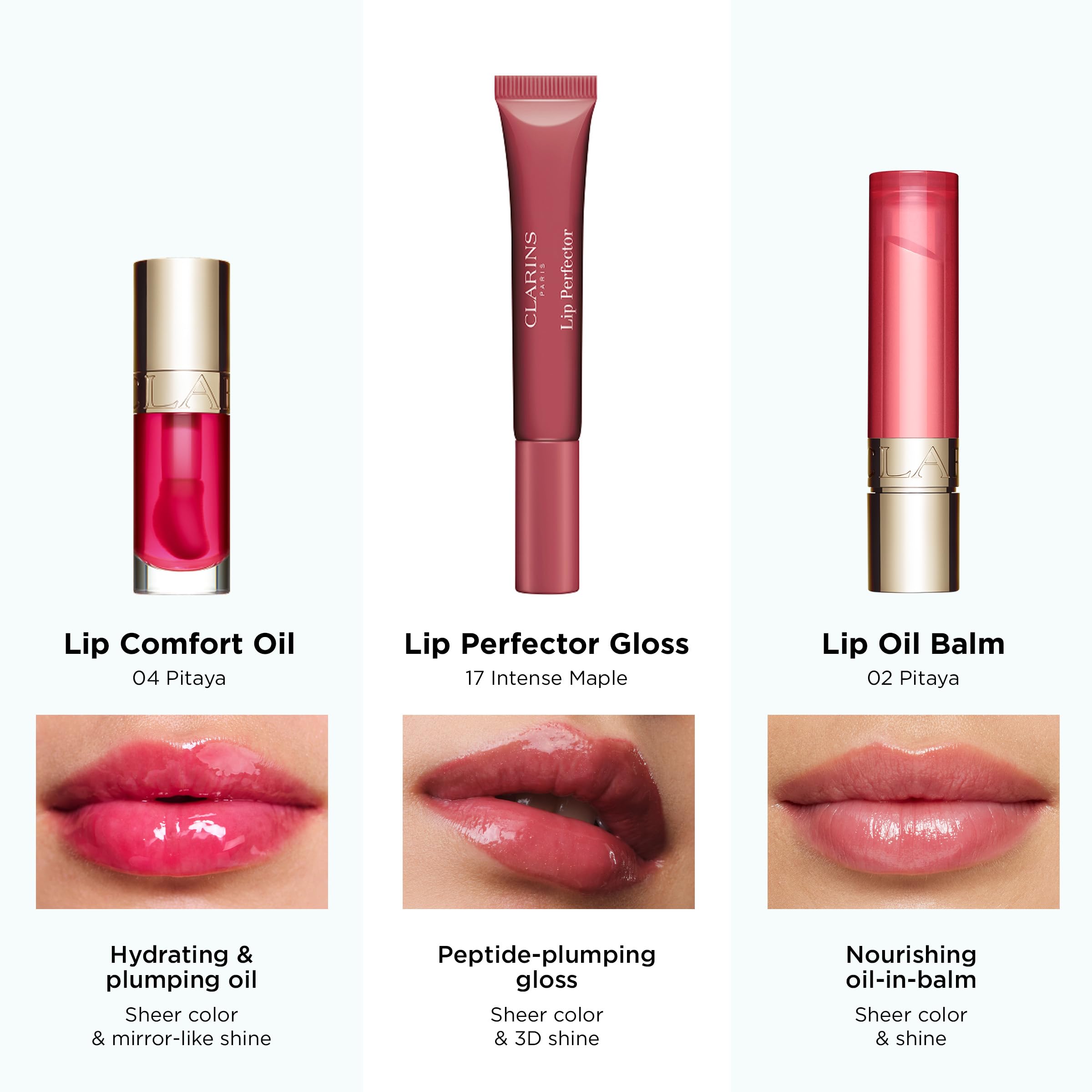Close-up of lips wearing Clarins Lip Perfector for soft, comfortable feel.