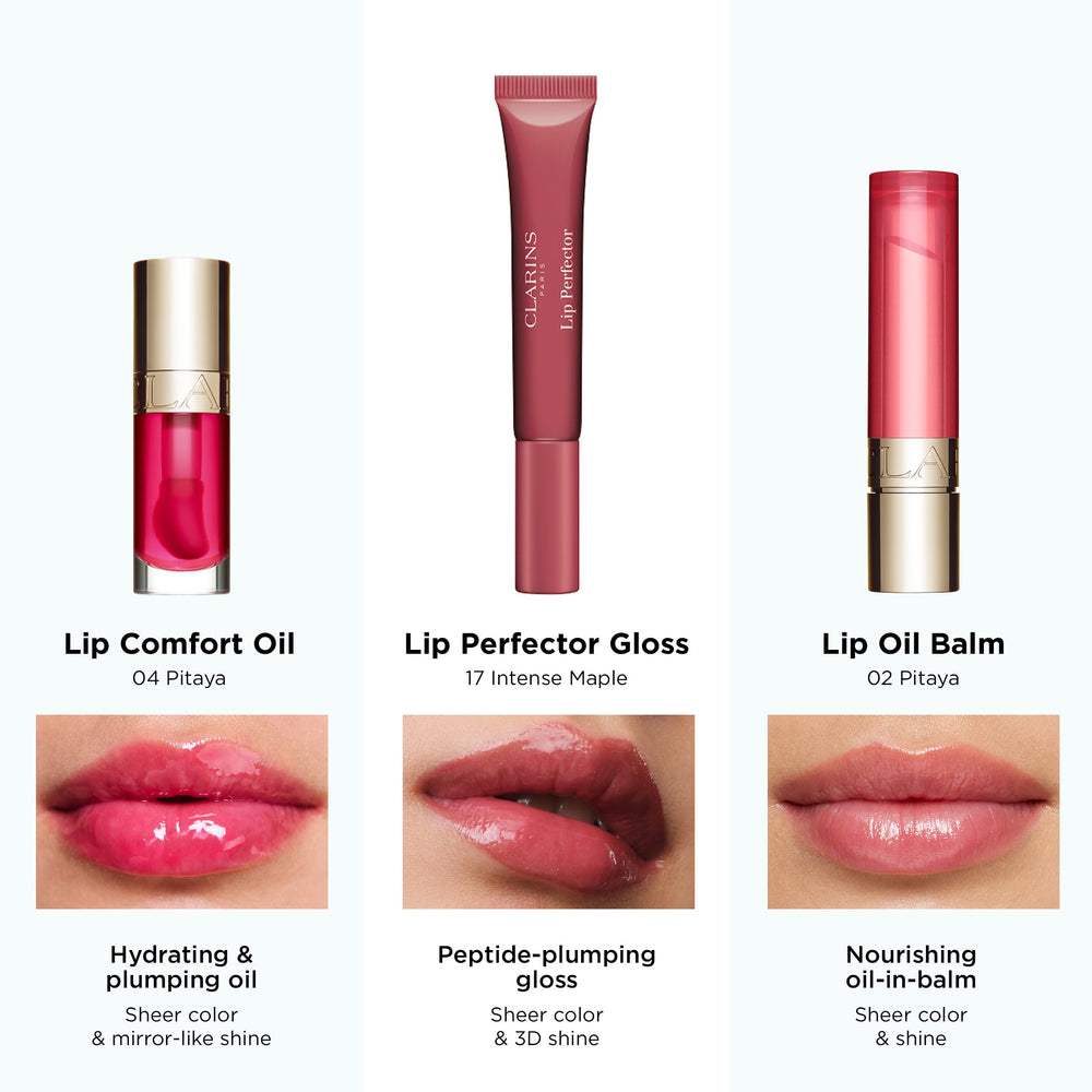 Close-up of lips wearing Clarins Lip Perfector for soft, comfortable feel.