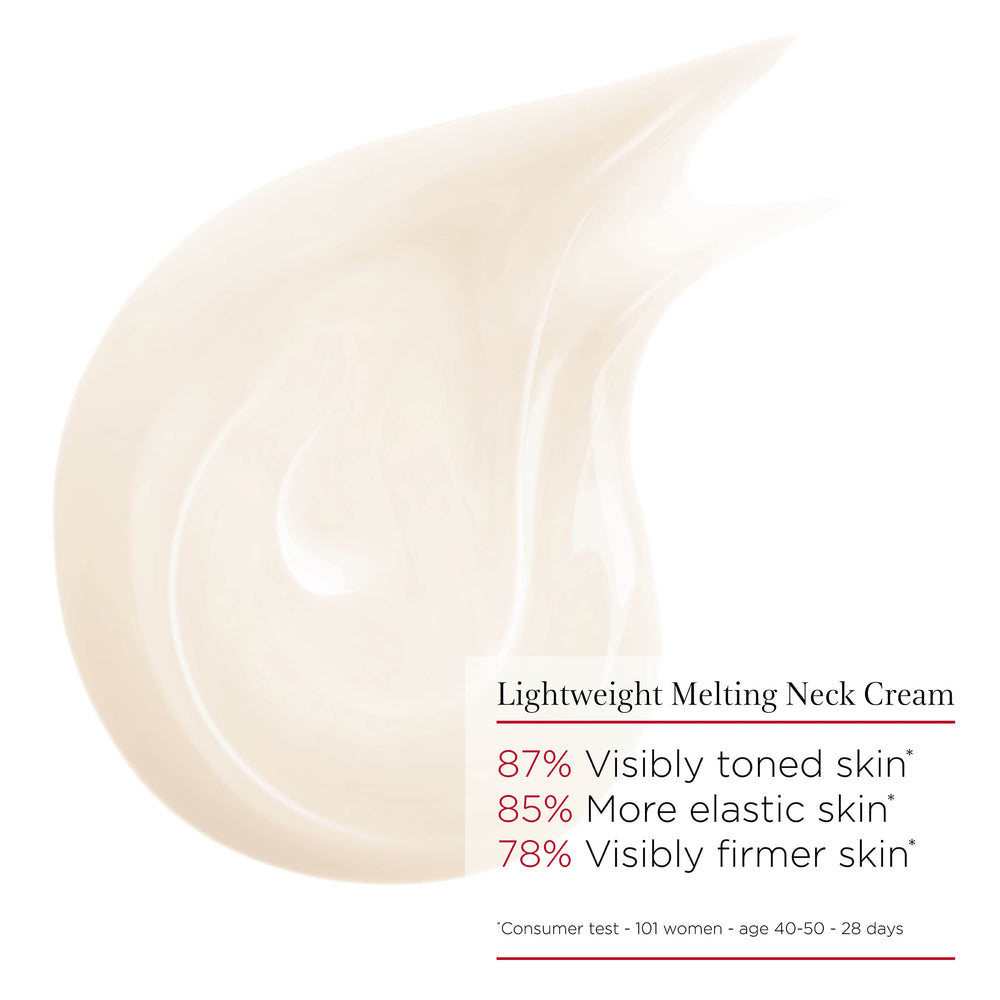 Glass jar of Clarins neck cream with soft lighting conveying premium anti-aging care.
