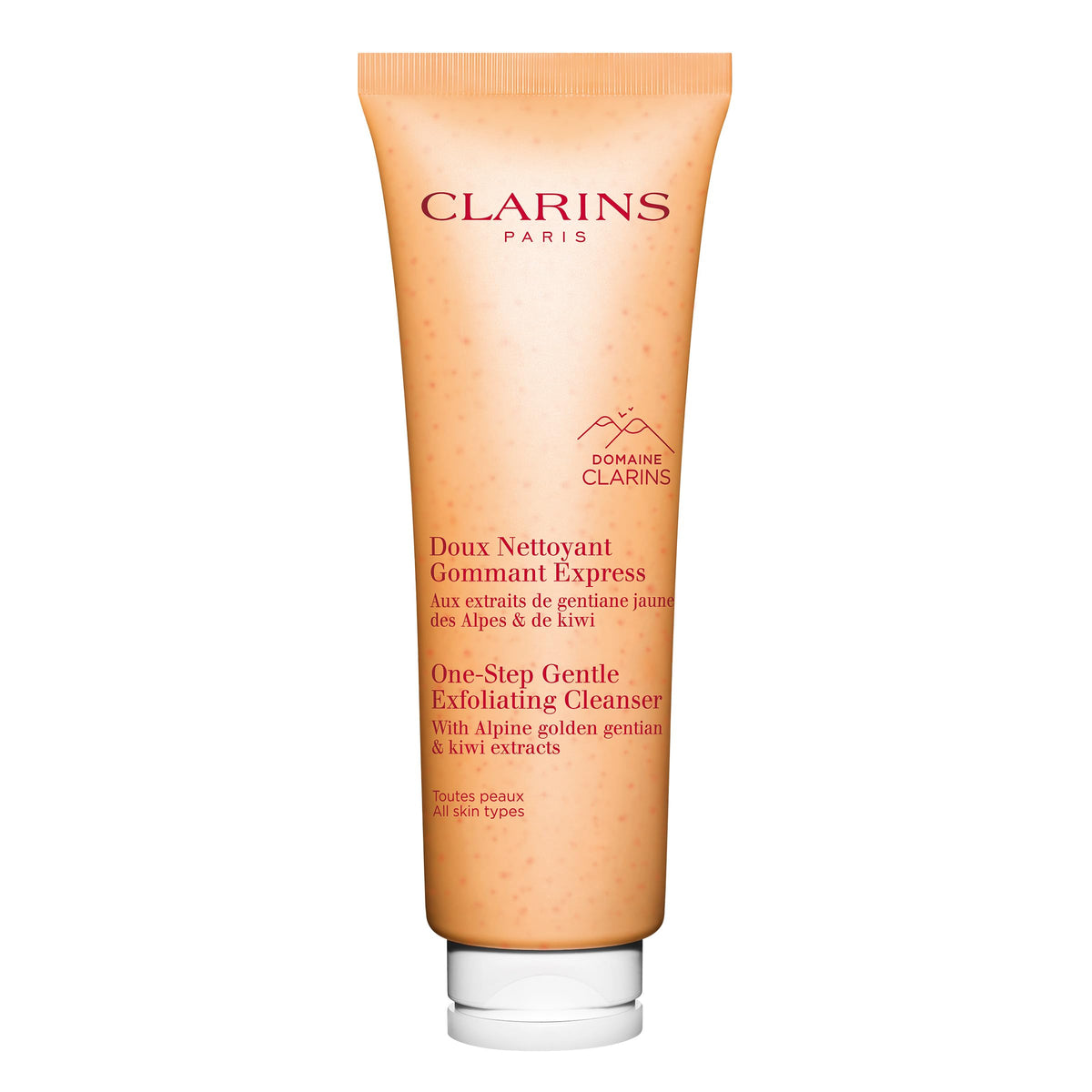 Clarins One-Step Gentle Exfoliating Cleanser bottle showing 3-in-1 action for gentle cleansing