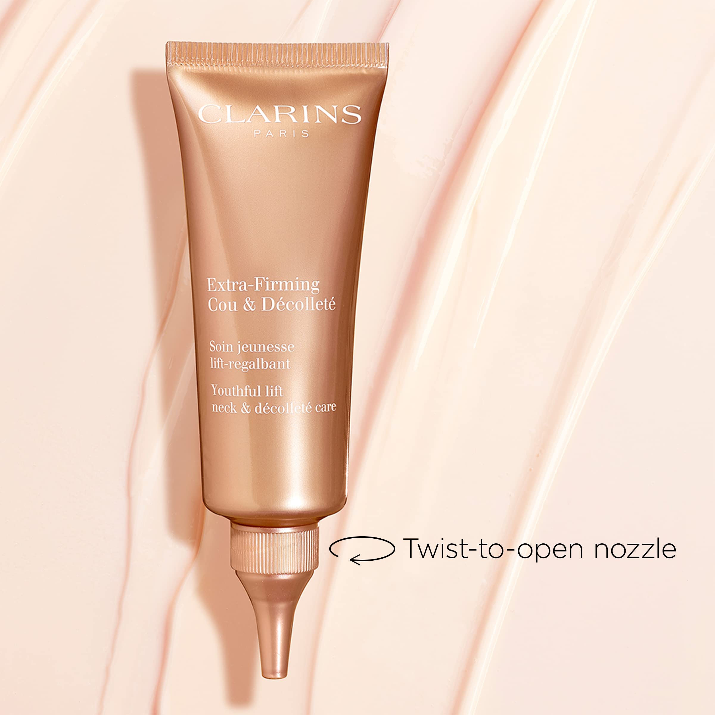 Ingredient focus on kangaroo flower and mitracarpus in Clarins neck cream packaging.