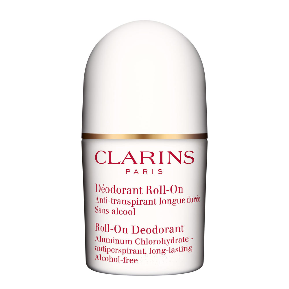 Clarins Roll-On bottle featuring alcohol-free formula for all-day dryness.