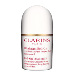 Clarins Roll-On bottle featuring alcohol-free formula for all-day dryness.