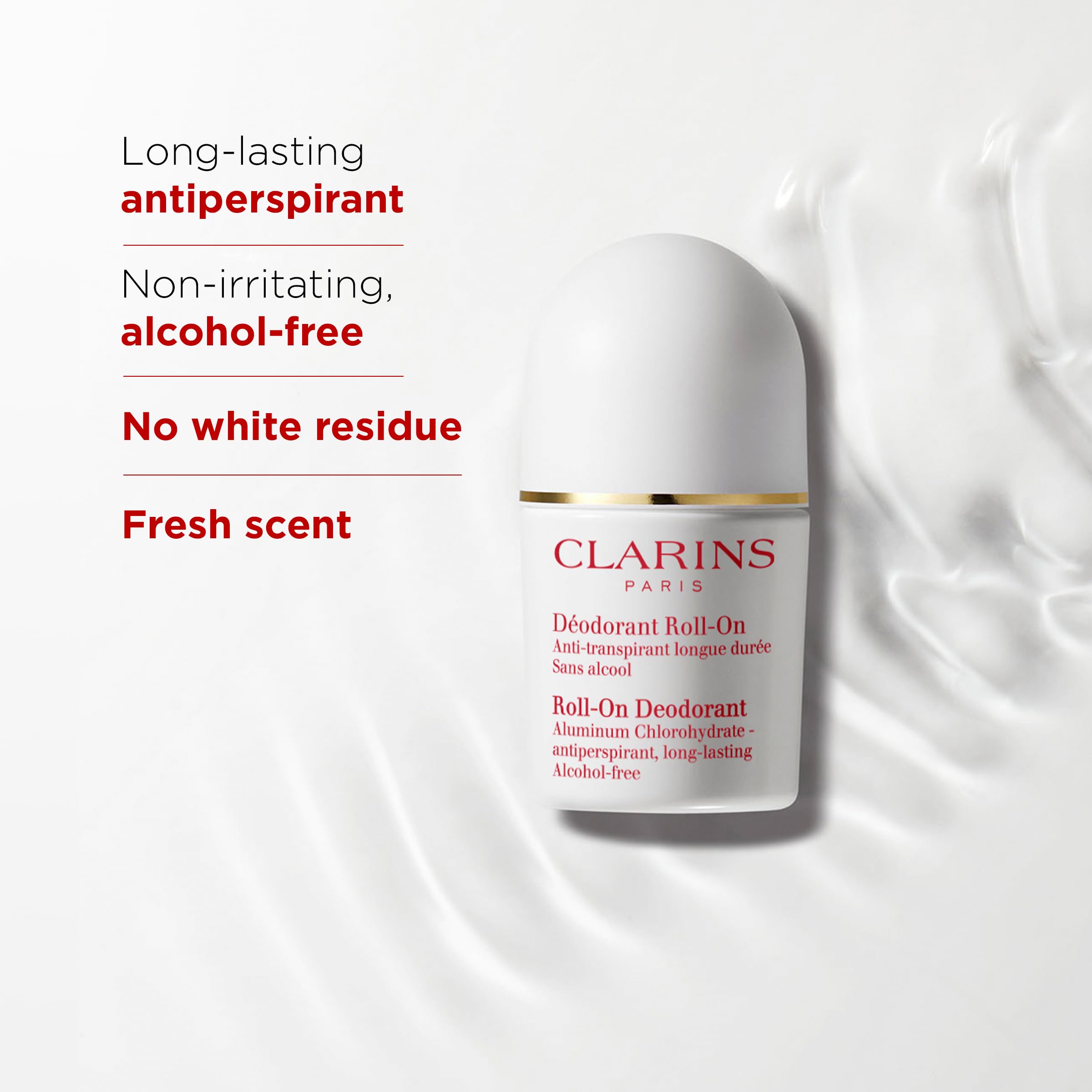 Clarins Roll-On application close-up shows a smooth glide.