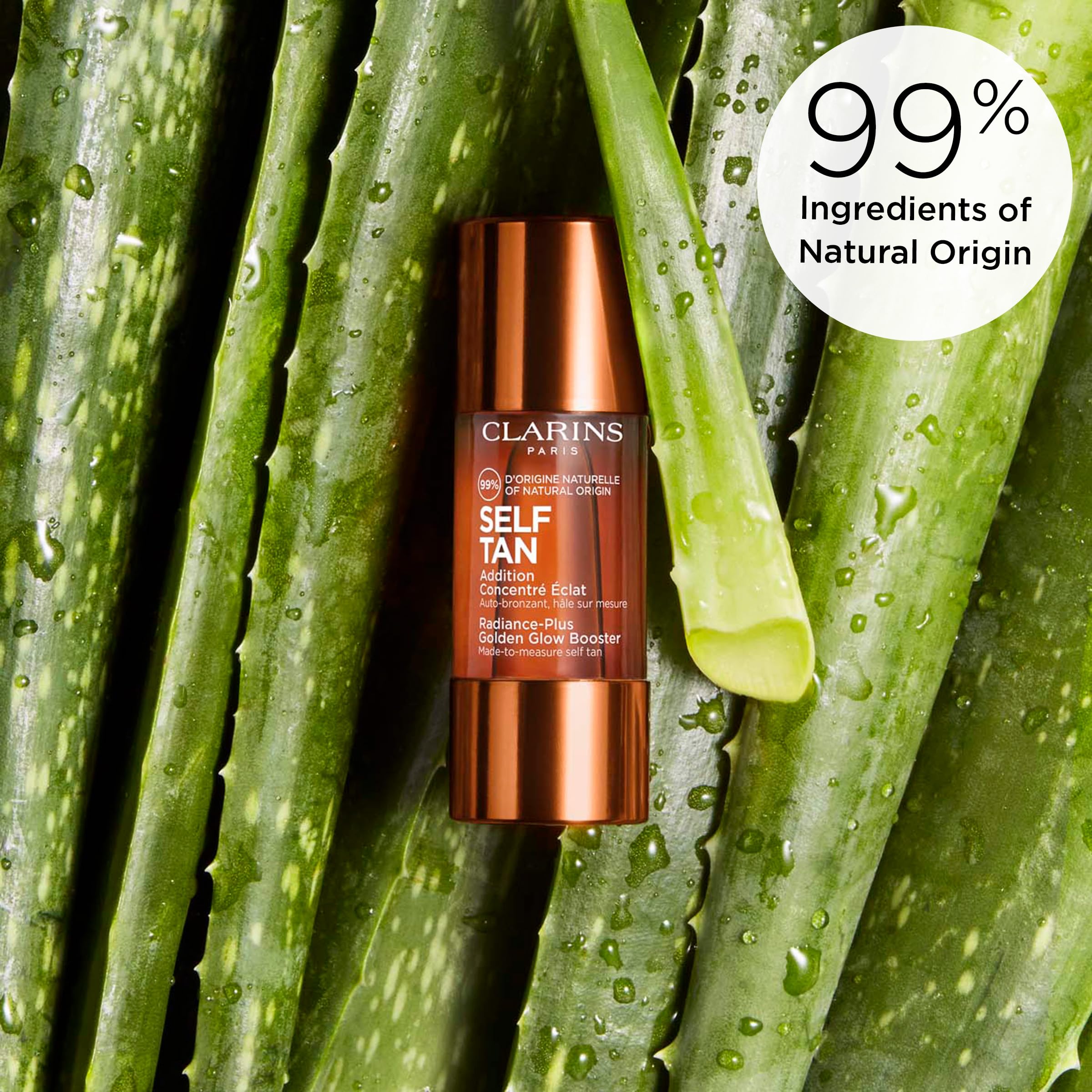 Clarins Self Tanning Face Booster with Aloe Vera hydrates for a glowing look.