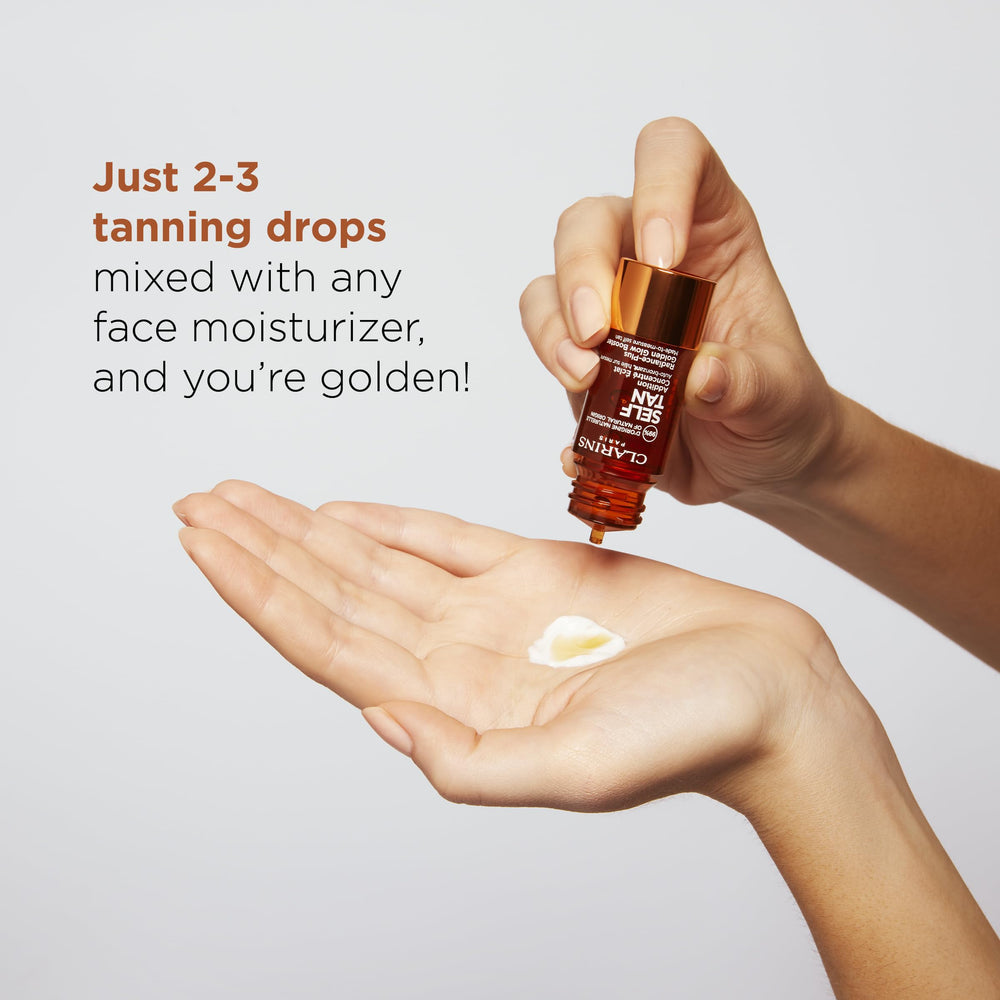 Clarins Self Tanning Face Drops highlight a 99% natural ingredients formula.