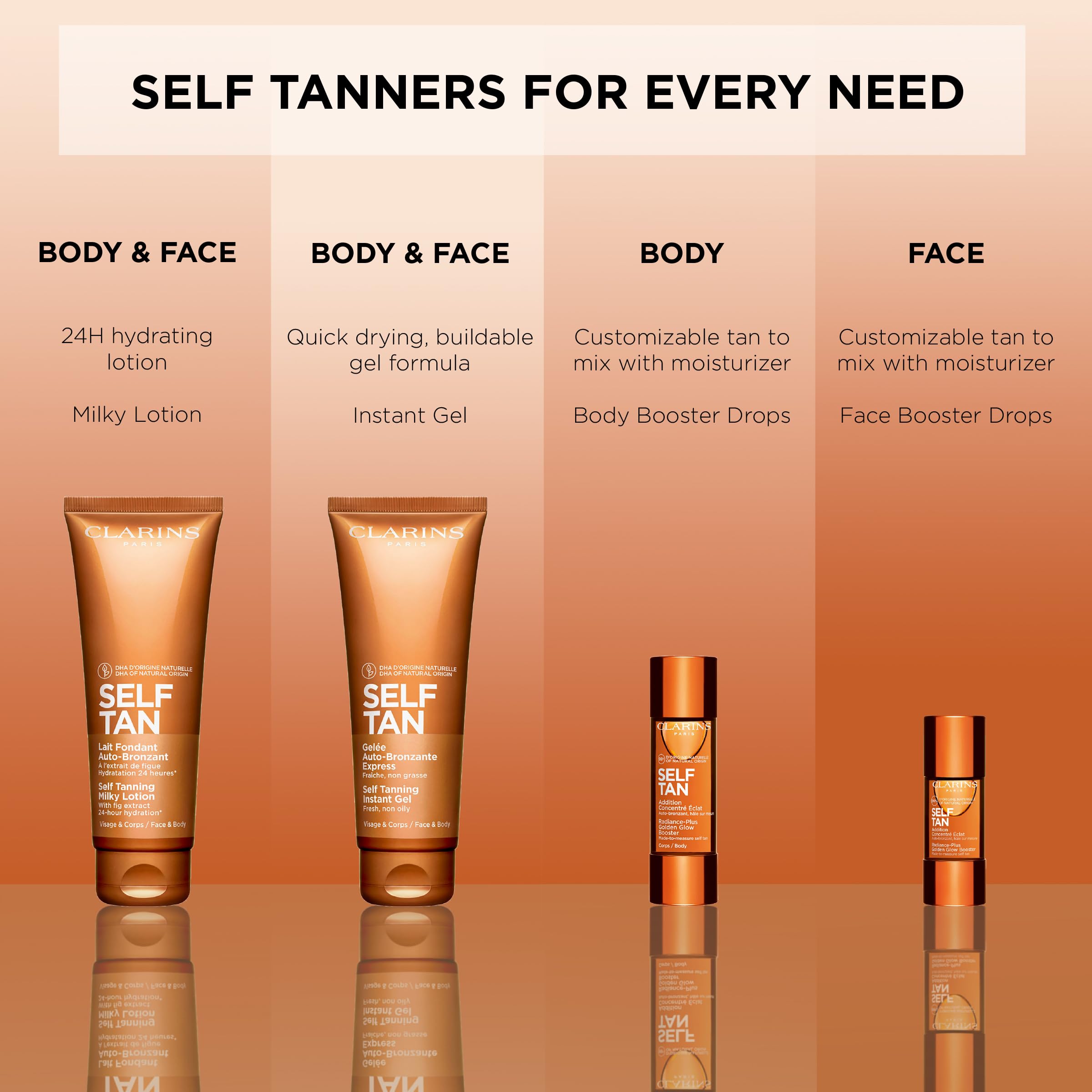 Clarins Self Tanning Face Drops deliver a smooth, streak-free application.