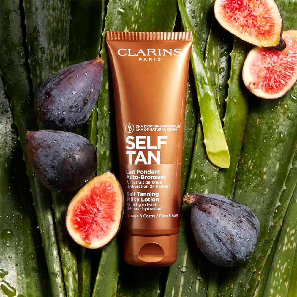 Clarins Self Tanning Milky Lotion provides 24-hour hydration via glycerin and aloe