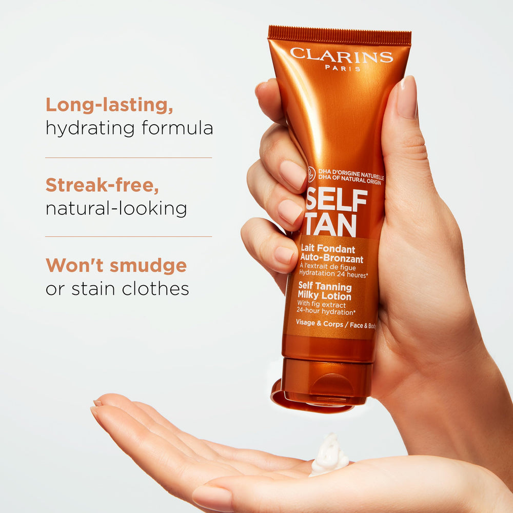 Applying Clarins Self Tanning Milky Lotion to the body for natural glow