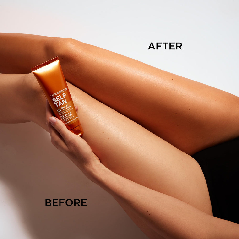 Applying Clarins Self Tanning Milky Lotion to the face for even color