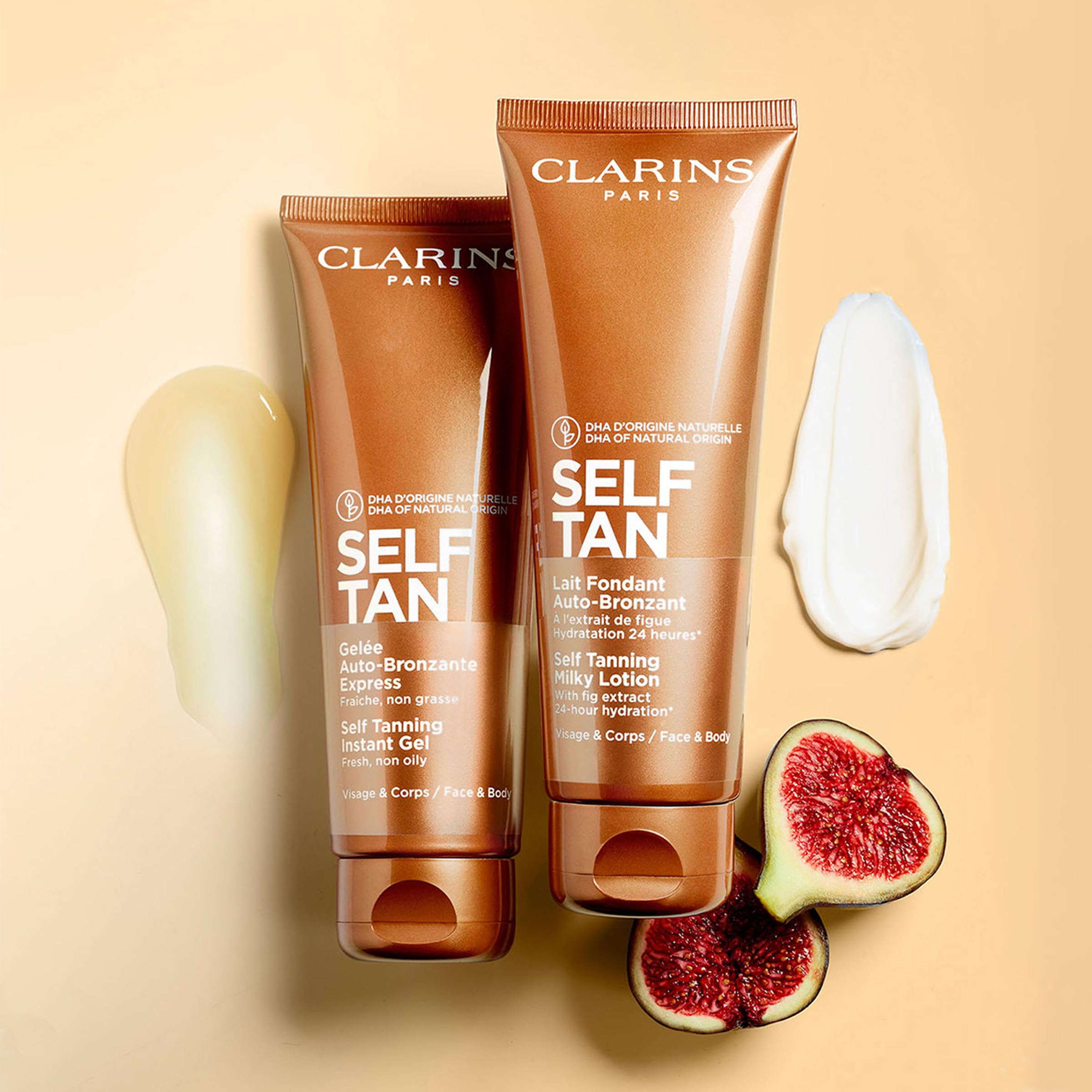 Label detail on Clarins Self Tanning Milky Lotion featuring fig extract