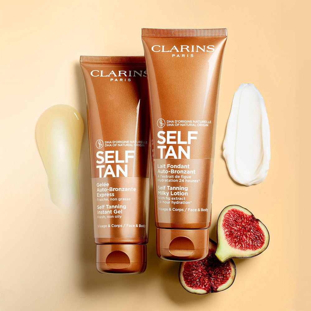Label detail on Clarins Self Tanning Milky Lotion featuring fig extract