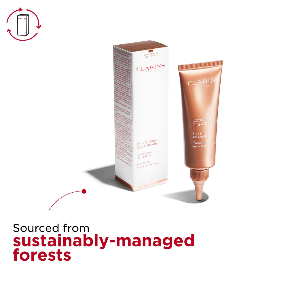 Even-toned décolleté appearance with Clarins anti-aging cream for daily use.