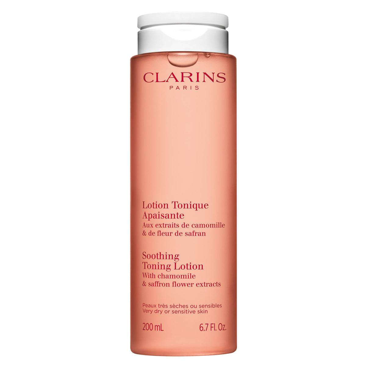 Clarins Soothing Toning Lotion bottle pour shows a gentle, alcohol-free skin refresh.