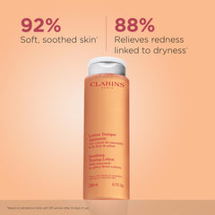 Clarins Soothing Toning Lotion cotton-pad application for soft, balanced skin after cleansing.
