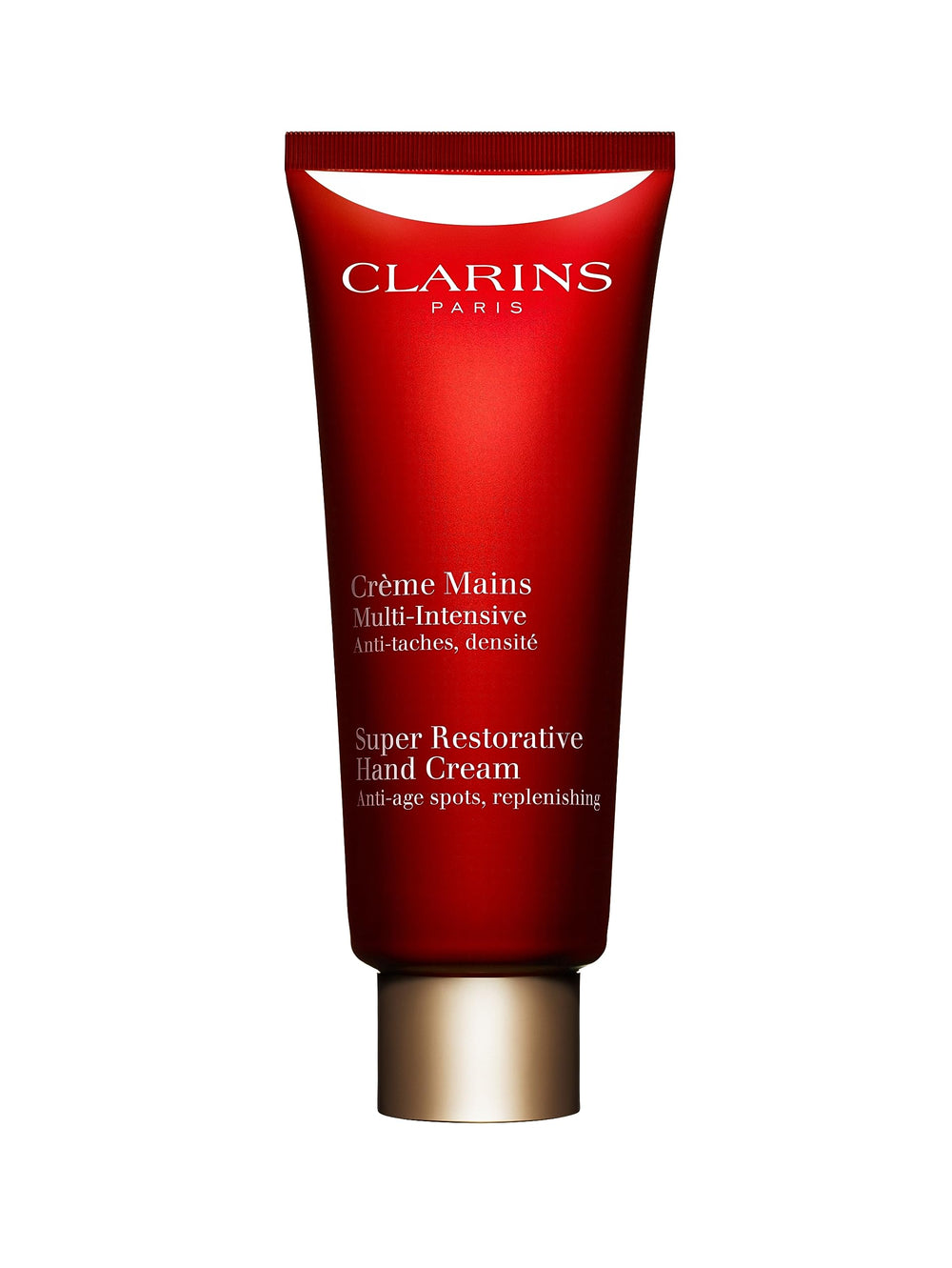 Clarins Super Restorative Hand Cream jar close-up showing rich texture for nourishing hands.
