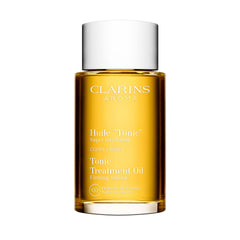Clarins Tonic Body Treatment Oil bottle; hydrating, plant-based care for the skin
