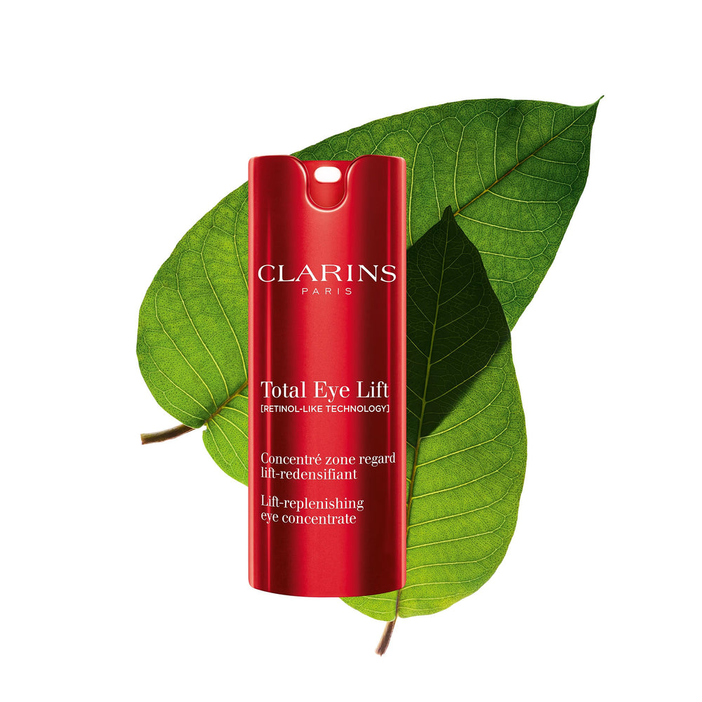 Clarins Total Eye Lift packaging close-up, premium design signals luxury eye care