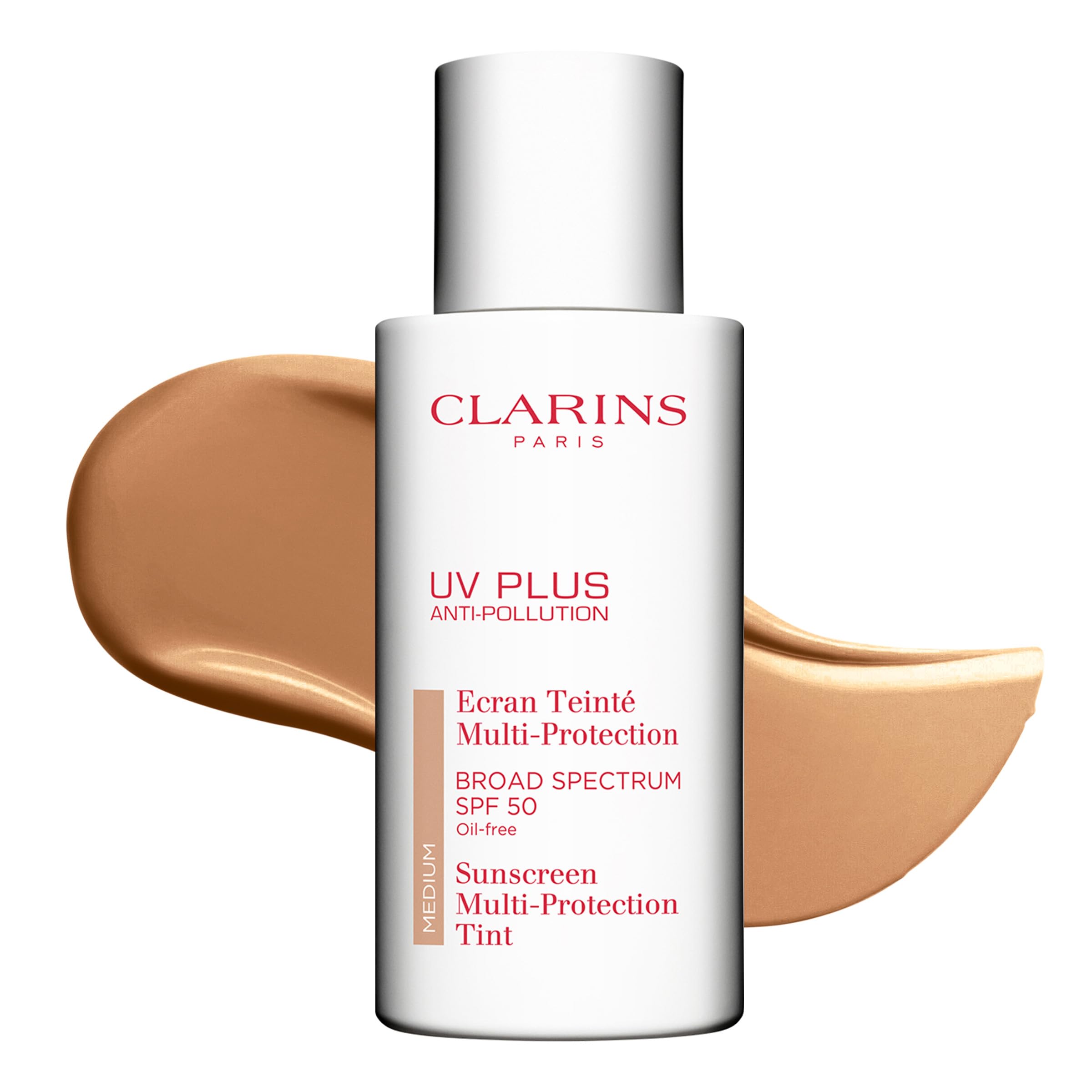 Clarins UV Plus Anti-Pollution tinted sunscreen bottle demonstrates sheer, oil-free SPF 50 protection for daily use.
