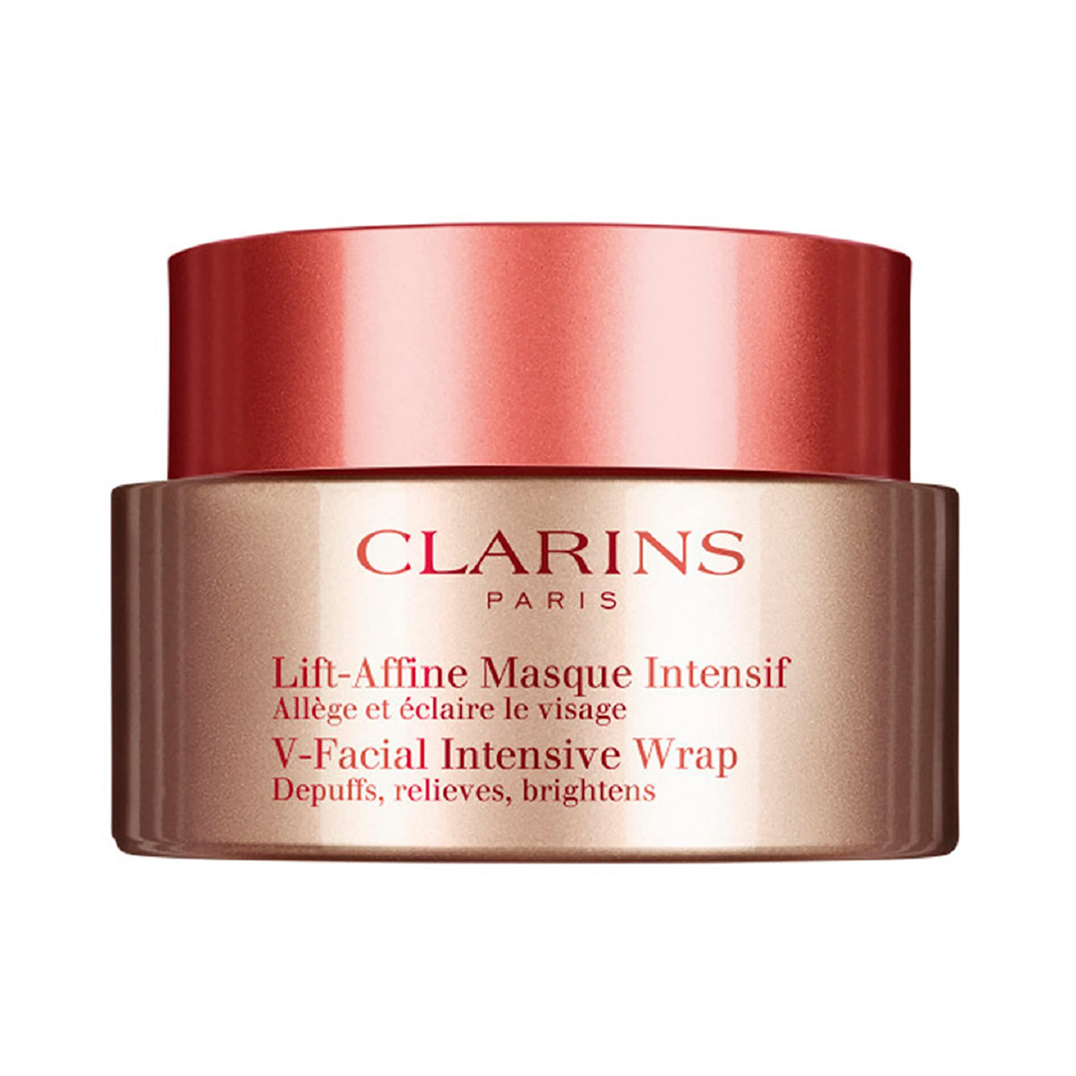 Clarins V-Facial Intensive Wrap Mask jar close-up showing cream-mousse texture for puffiness relief