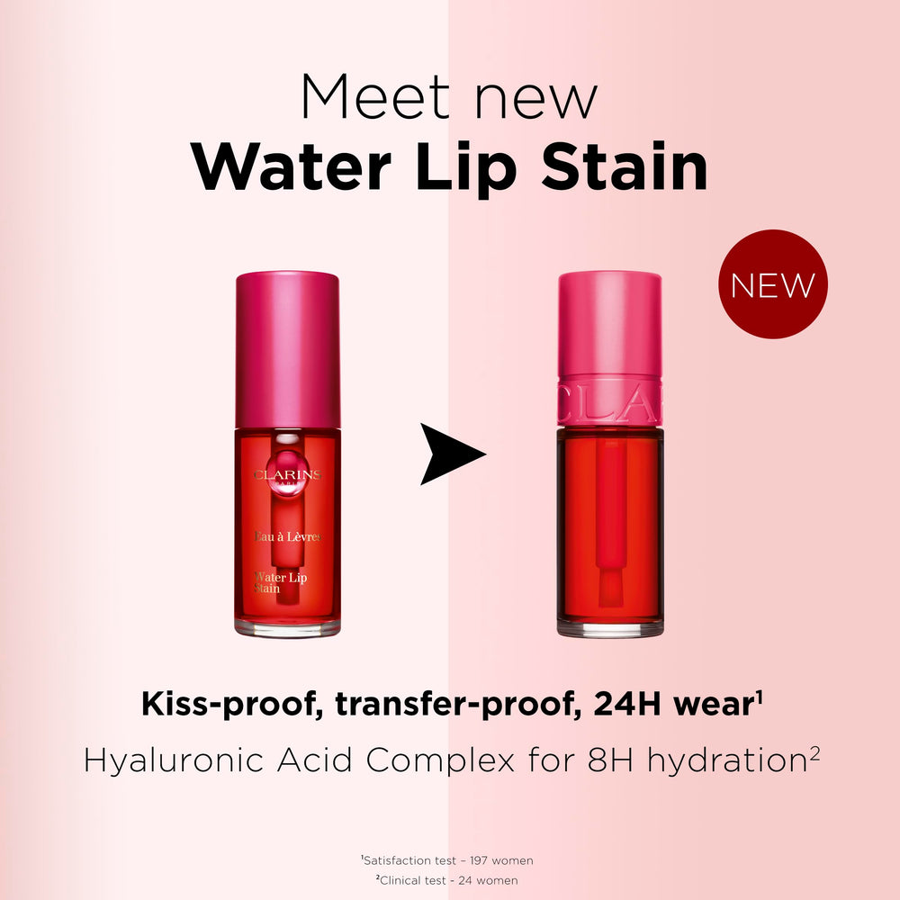 Clarins Water Lip Stain swatch detail shows buildable color.