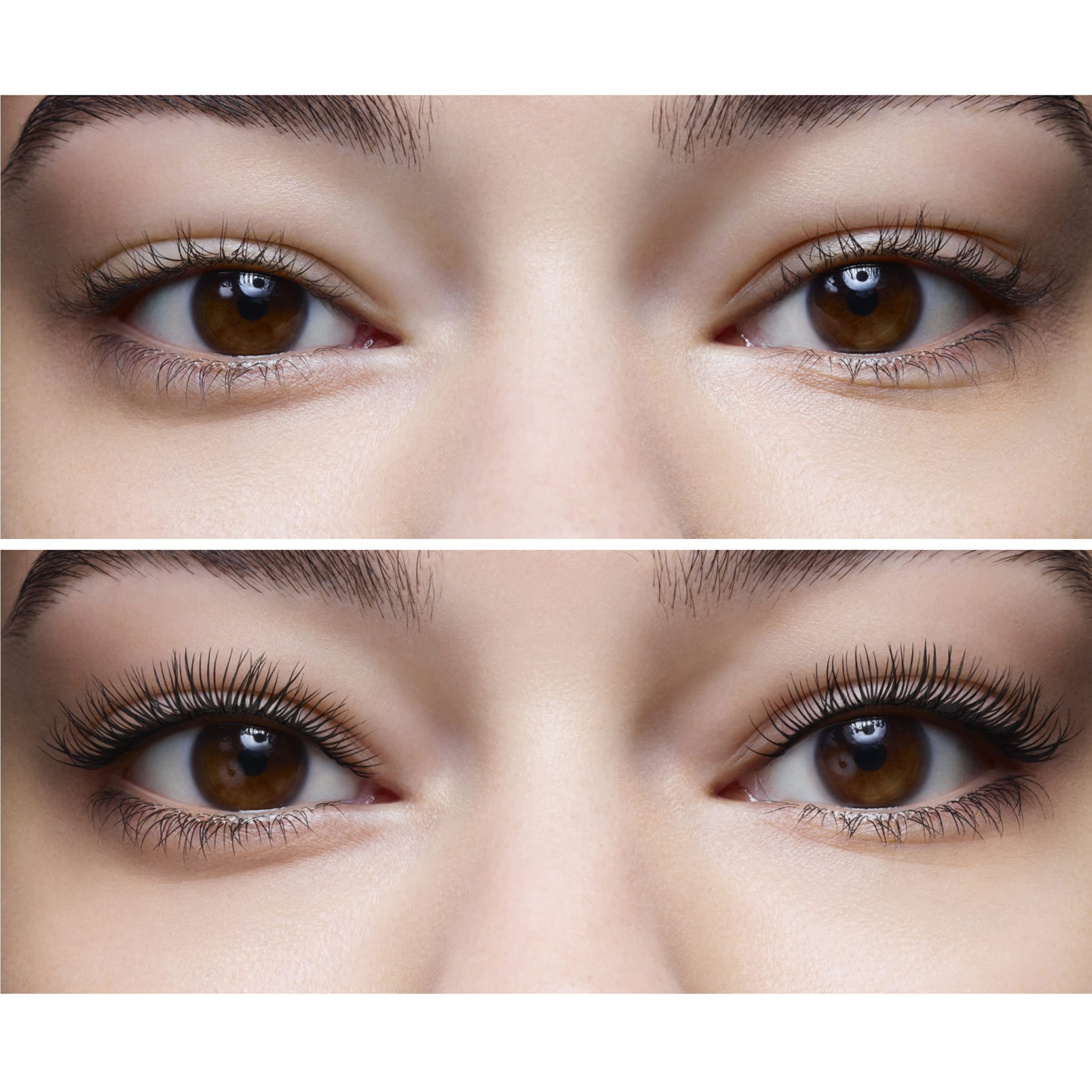 Closer view of lashes showing volume and defined fringe with Clarins Mascara.