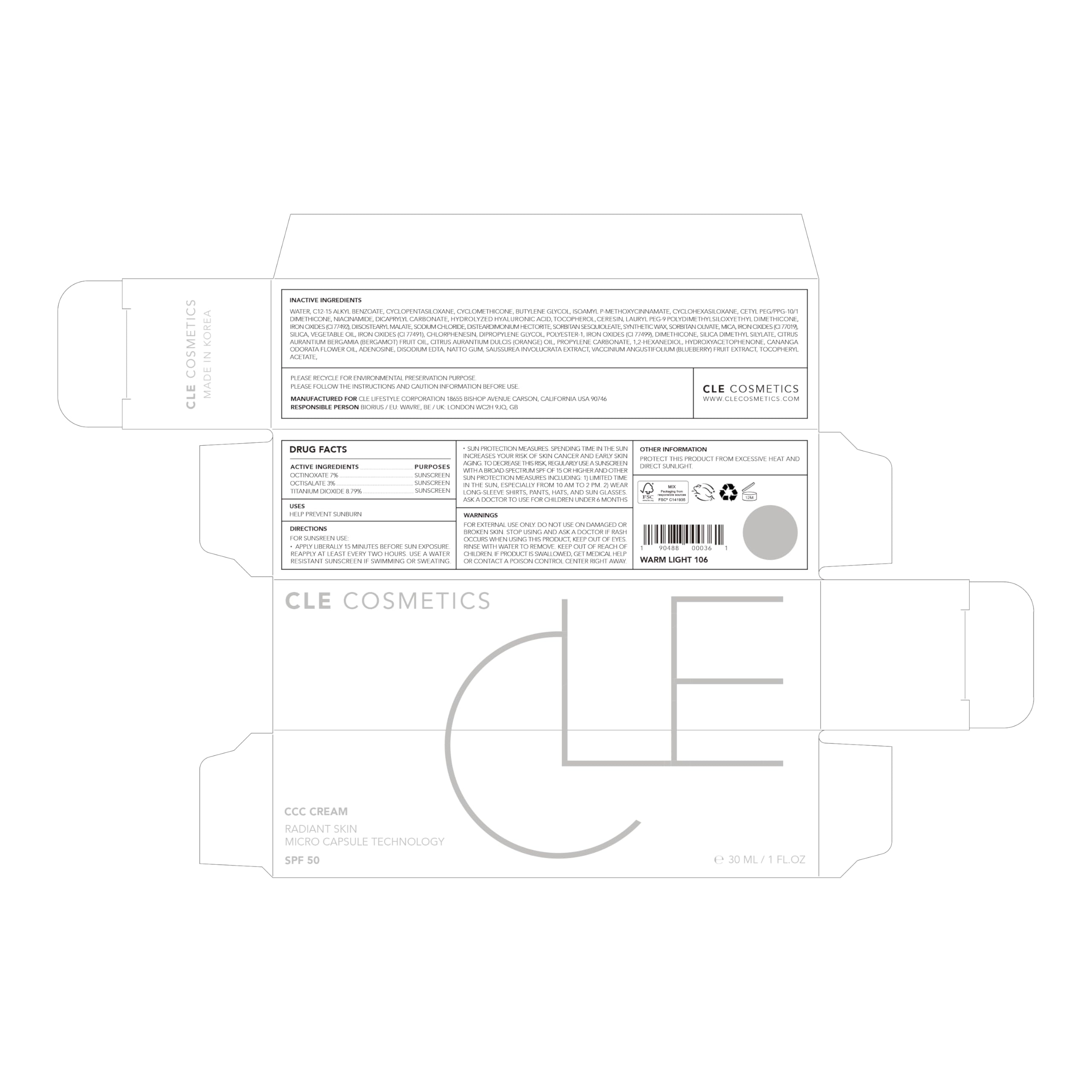 CLE Cosmetics CCC Cream Warm Light 106 on skin tone sample for warm-light shade.