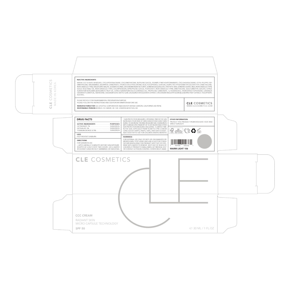 CLE Cosmetics CCC Cream Warm Light 106 on skin tone sample for warm-light shade.
