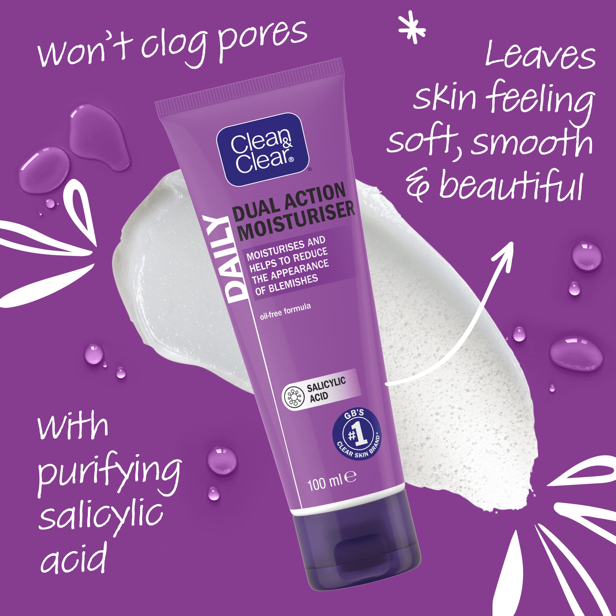 Hands apply Clean & Clear Dual Action Moisturiser for quick absorption and a soft finish.