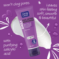 Hands apply Clean & Clear Dual Action Moisturiser for quick absorption and a soft finish.
