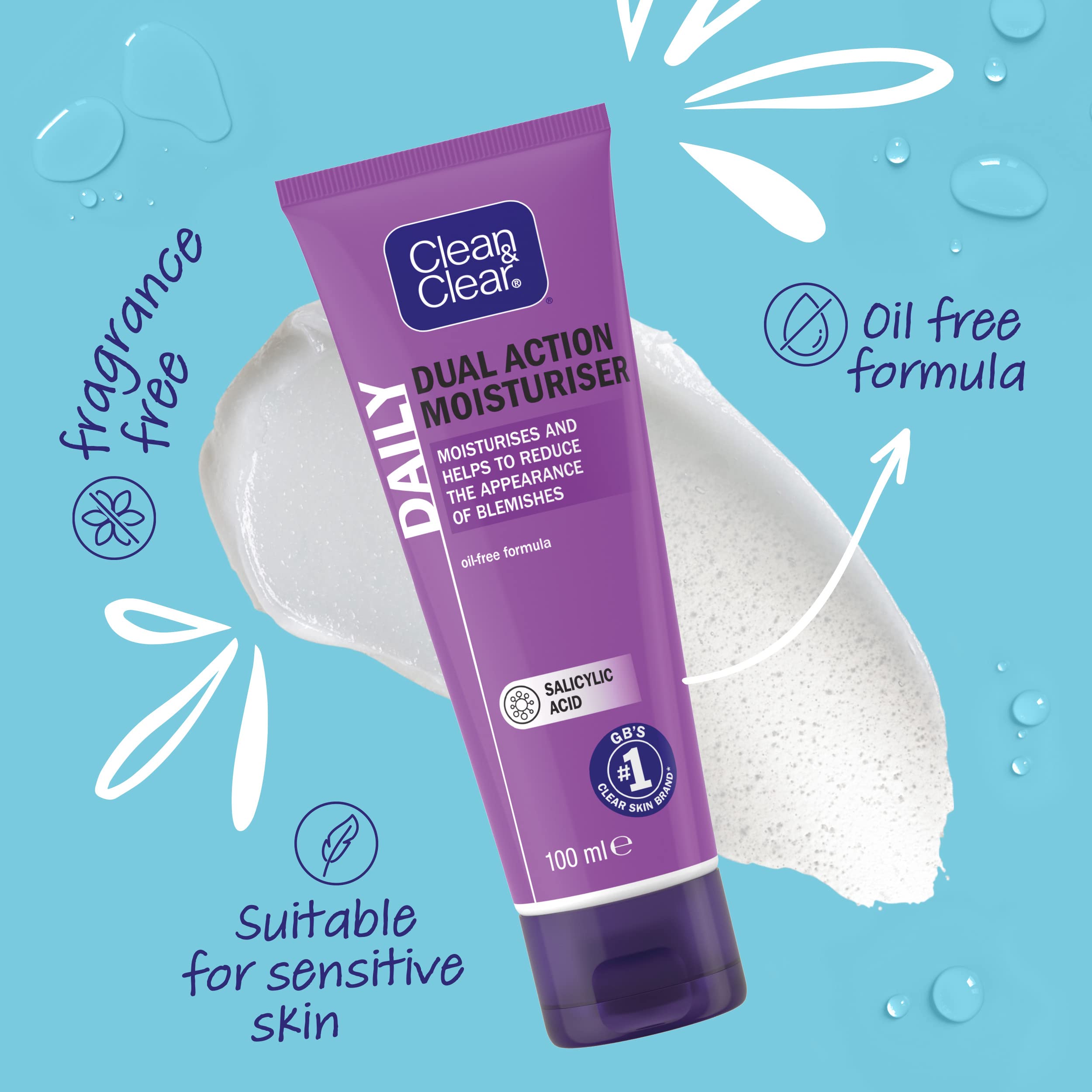 Label on the Clean & Clear bottle highlights fragrance-free design for sensitive skin.