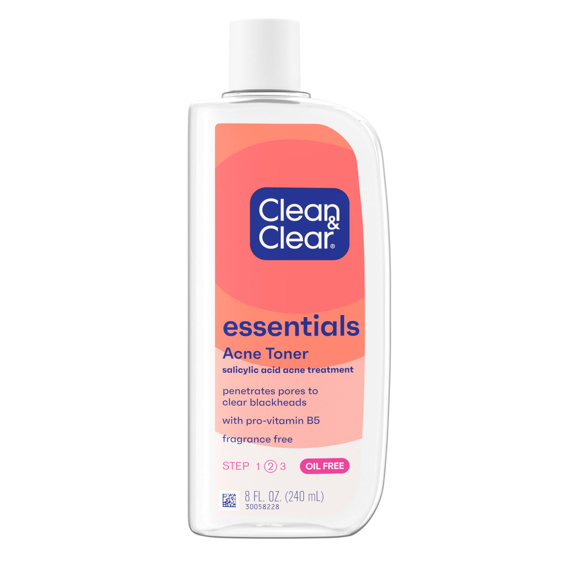 Clean & Clear Essentials bottle close-up showing fragrance-free, oil-free acne toner for clearer skin.