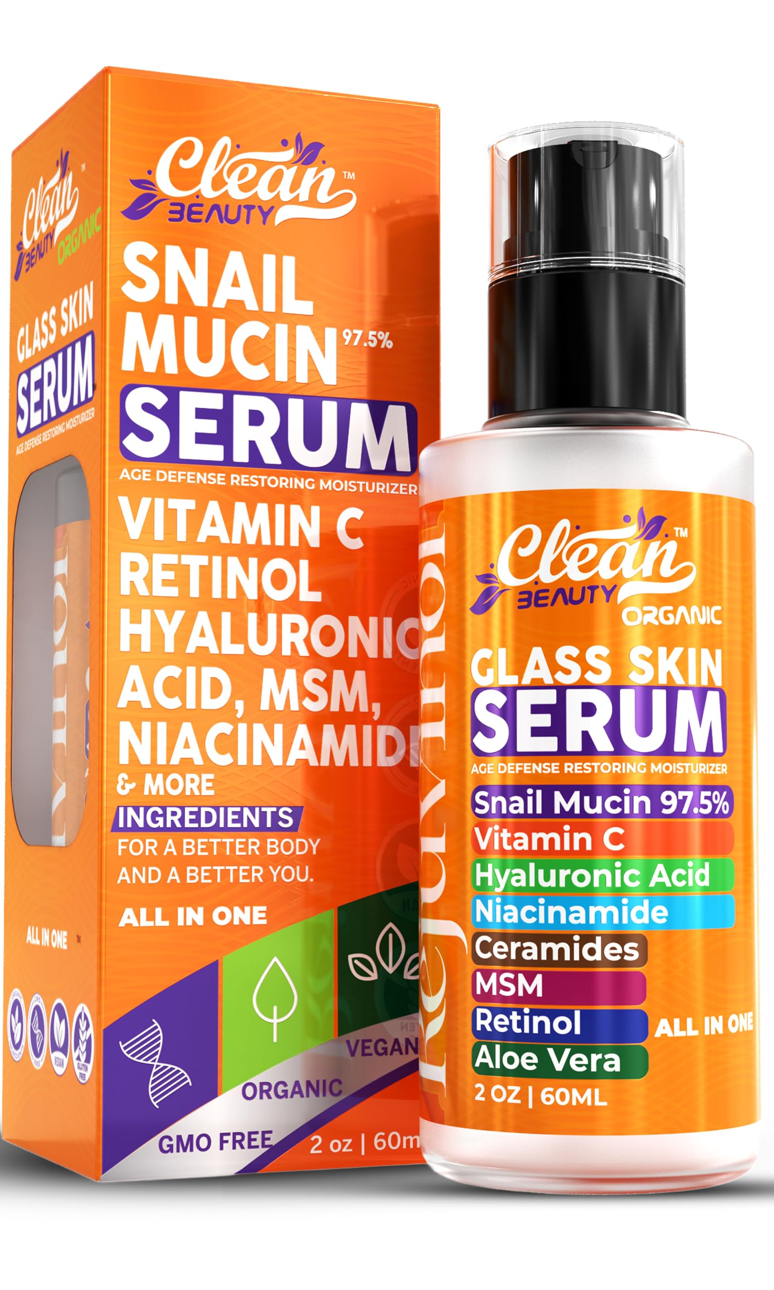 Suero Clean Beauty con mucina de caracol, botella para hidratación diaria.