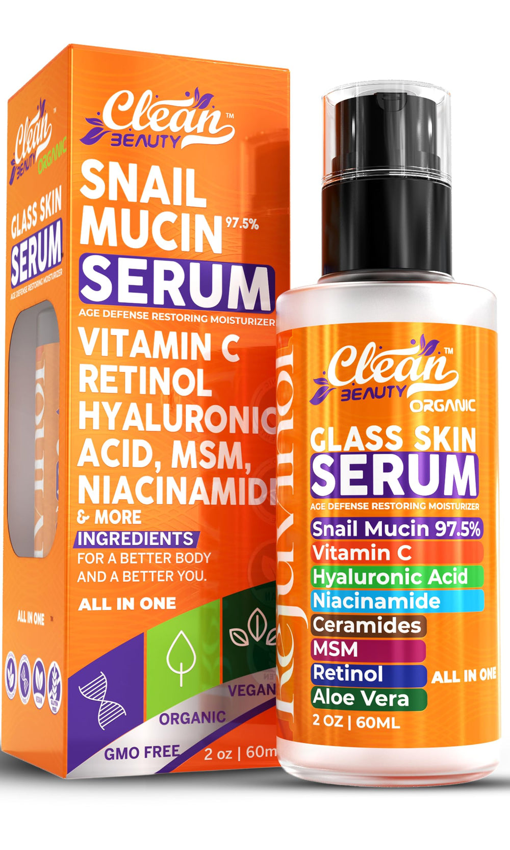 Suero Clean Beauty con mucina de caracol, botella para hidratación diaria.